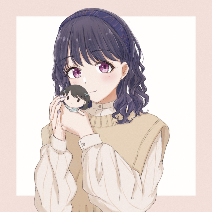 1girl artist_request black_hair character_doll commentary_request fukumaru_koito hair_down hairband highres idolmaster idolmaster_shiny_colors long_sleeves looking_at_viewer medium_hair purple_nails shirt solo sweater_vest swept_bangs upper_body violet_eyes white_shirt