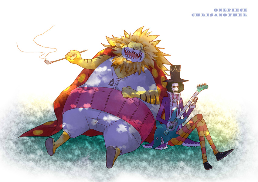 2boys afro animal_ears artist_name black_hair brook_(one_piece) cat_ears chrisanother closed_eyes full_body furry guitar hat holding holding_instrument instrument jewelry multiple_boys necklace nekomamushi one_piece open_mouth scar sharp_teeth sitting skeleton skull smile smoking_pipe sunglasses teeth top_hat whiskers