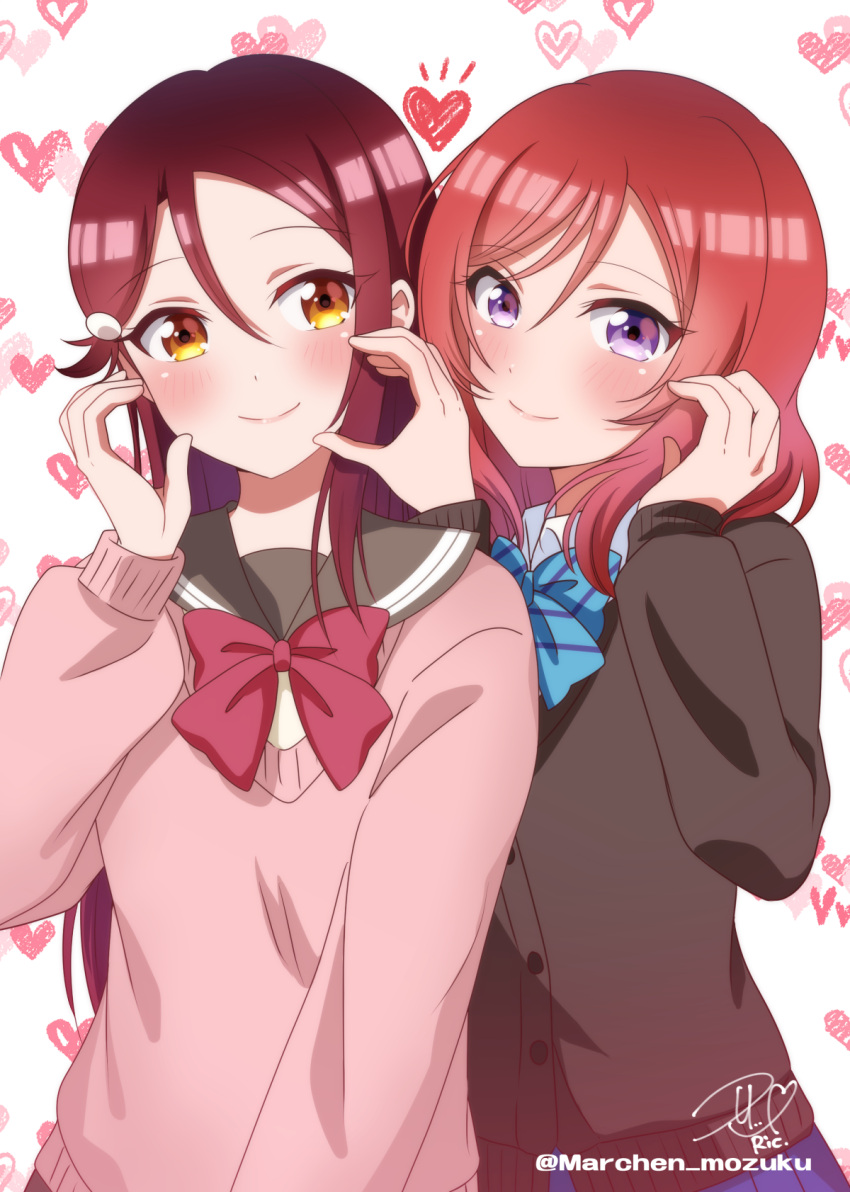 2girls blue_bow blush bow bowtie brown_cardigan cardigan dark_red_hair grey_sailor_collar hair_between_eyes hand_on_another's_cheek hand_on_another's_face hand_on_own_cheek hand_on_own_face heart heart_background highres looking_at_viewer love_live! love_live!_school_idol_project love_live!_sunshine!! medium_hair multiple_girls nishikino_maki pink_cardigan red_bow redhead ric_(fwpbox) sailor_collar sakurauchi_riko school_uniform signature single_bang smile striped striped_bow twitter_username violet_eyes