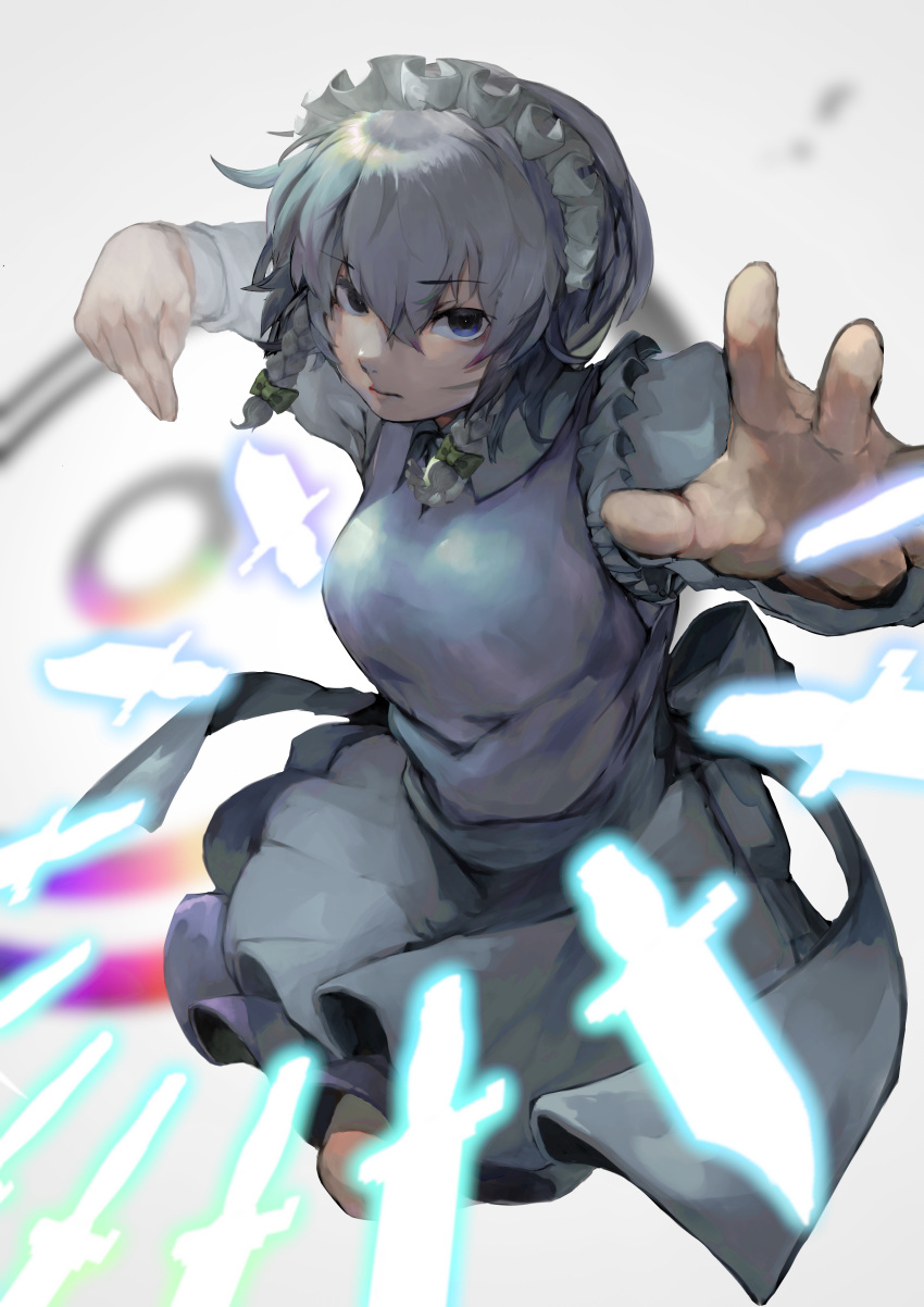 1girl absurdres apron arms_up blue_dress blurry braid breasts closed_mouth danmaku depth_of_field dress from_above full_body grey_hair hair_between_eyes hair_ribbon highres izayoi_sakuya maid_headdress medium_breasts medium_hair nio_(meple_nio) perspective reaching reaching_towards_viewer ribbon serious sidelighting simple_background solo touhou tress_ribbon twin_braids waist_apron white_background