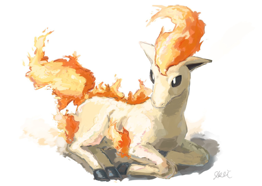 artist_name black_sclera closed_mouth colored_sclera commentary_request english_commentary fiery_hair fiery_tail fire full_body highres horse ikei mixed-language_commentary orange_hair pokemon pokemon_(creature) ponyta signature simple_background sitting sketch tail white_background white_eyes