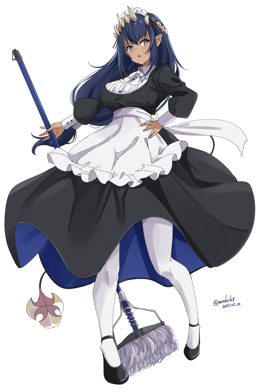 1girl absurdres alternate_costume black_dress black_footwear blue_hair broom brown_eyes dress enmaided full_body hand_on_own_hip highres holding holding_broom honey_strap kichihachi long_hair looking_at_viewer maid nanashi_inc. open_mouth pantyhose pointy_ears shimamura_charlotte shoes solo virtual_youtuber white_background white_pantyhose