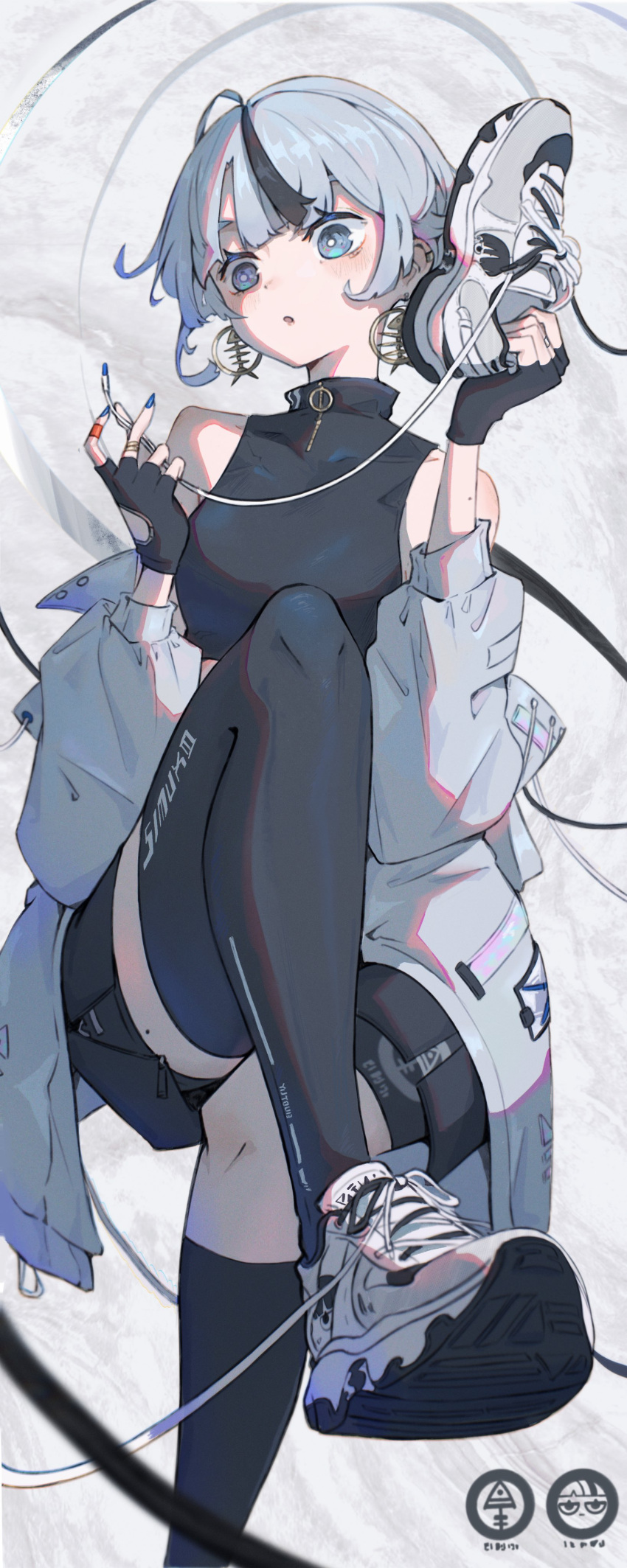 1girl absurdres black_hair earrings fingerless_gloves fish_bone_earrings gloves highres jacket jewelry multicolored_hair open_clothes open_jacket original shoes shoes_removed simuyutou sneakers solo streaked_hair thigh-highs white_hair white_sneakers