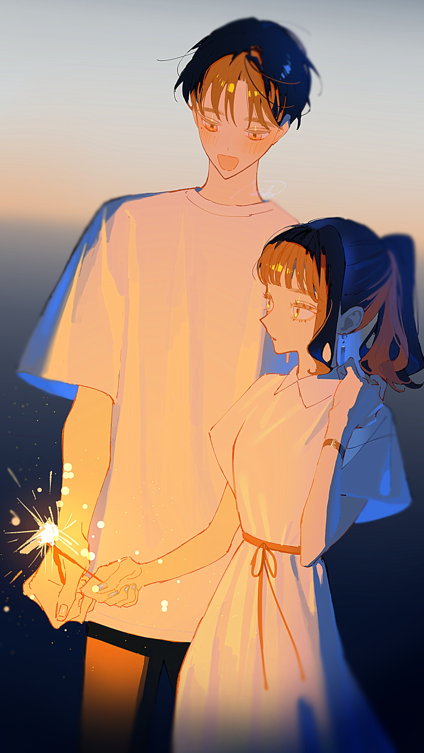 1boy 1girl absurdres black_hair blush collared_dress dress earrings fireworks glowing gradient_background height_difference highres holding_fireworks jewelry long_hair mole mole_under_eye open_mouth original pink_eyes ponytail shirt short_hair short_sleeves signature sparkler white_dress white_shirt yellow_eyes yomiya_sateko