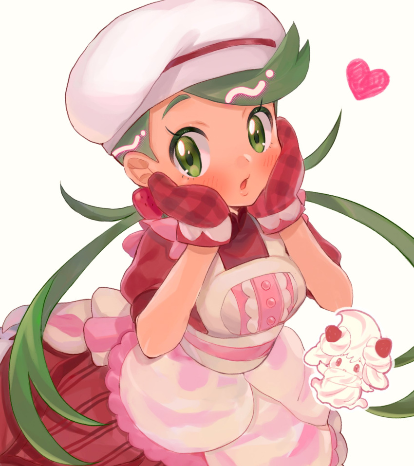 1girl :o abe_(kumayu) alcremie alcremie_(strawberry_sweet) apron blush buttons chef_hat commentary_request dress eyelashes green_eyes green_hair hands_up hat heart highres long_hair mallow_(palentine's_2023)_(pokemon) mallow_(pokemon) official_alternate_costume oven_mitts pokemon pokemon_(game) pokemon_masters_ex red_dress red_mittens short_sleeves simple_background swept_bangs twintails white_background white_headwear