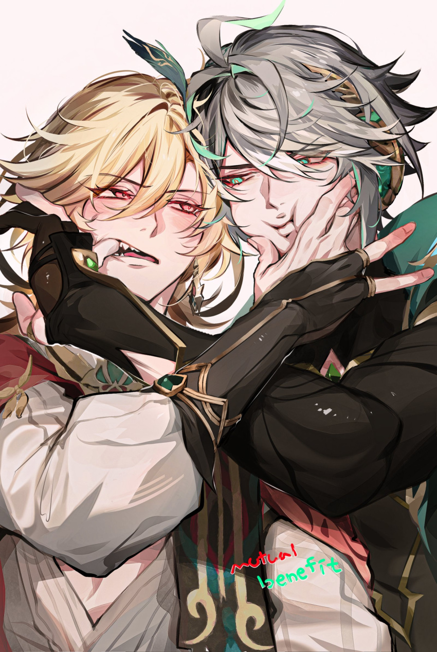 2boys ahoge akasha_terminal alhaitham_(genshin_impact) arabian_clothes black_sleeves blonde_hair blush cheek_pinching closed_mouth commentary english_text feather_hair_ornament feathers genshin_impact godwkgodwk green_eyes grey_hair hair_between_eyes hair_ornament hand_on_another's_face highres kaveh_(genshin_impact) long_sleeves looking_at_another multiple_boys open_mouth pinching red_eyes short_hair simple_background symbol-only_commentary teeth upper_body v-shaped_eyebrows white_background
