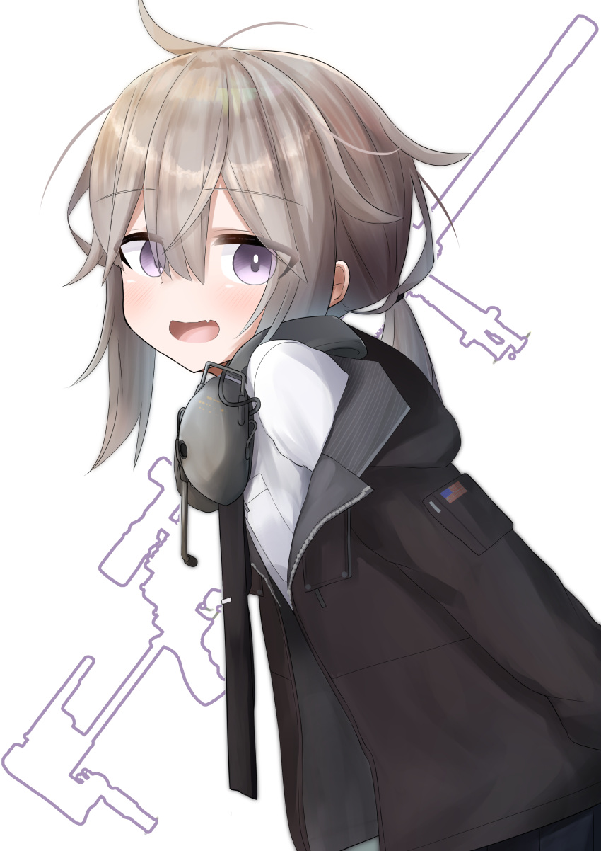 1girl :d absurdres ahoge black_necktie commentary_request fang from_side girls_frontline grey_hair hair_between_eyes headset highres jacket long_hair looking_at_viewer m200_(girls'_frontline) messy_hair necktie off_shoulder open_clothes open_jacket open_mouth ponytail rotroto shirt skin_fang smile solo violet_eyes white_background white_shirt