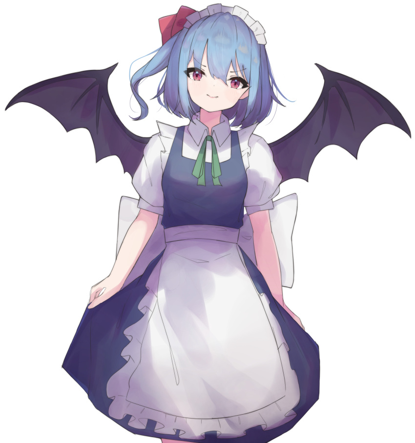 1girl absurdres bat_wings blue_hair blurry blurry_foreground closed_mouth commentary_request cosplay hat hat_ribbon highres izayoi_sakuya izayoi_sakuya_(cosplay) looking_at_viewer maid maid_headdress matcha_yado one_side_up pocket_watch red_eyes red_ribbon remilia_scarlet ribbon short_sleeves simple_background smile solo touhou watch white_background wings