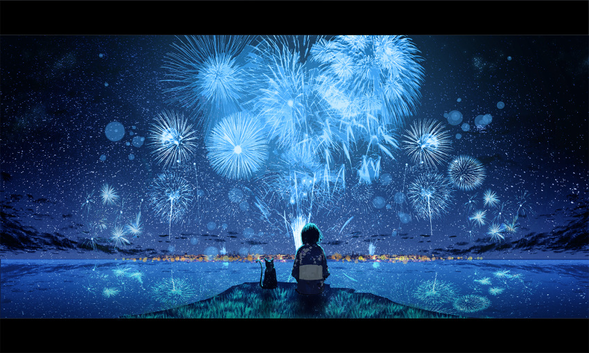 1girl aerial_fireworks black_cat black_hair blue_kimono blue_theme blurry bokeh cat chocoshi city_lights cliff clouds commentary_request dark_clouds depth_of_field fireworks floral_print from_behind horizon japanese_clothes kimono lens_flare lens_flare_abuse letterboxed new_year night night_sky obi ocean original outdoors reflection reflective_water sash scenery shore short_hair sitting sky skyline solo star_(sky) starry_sky yukata