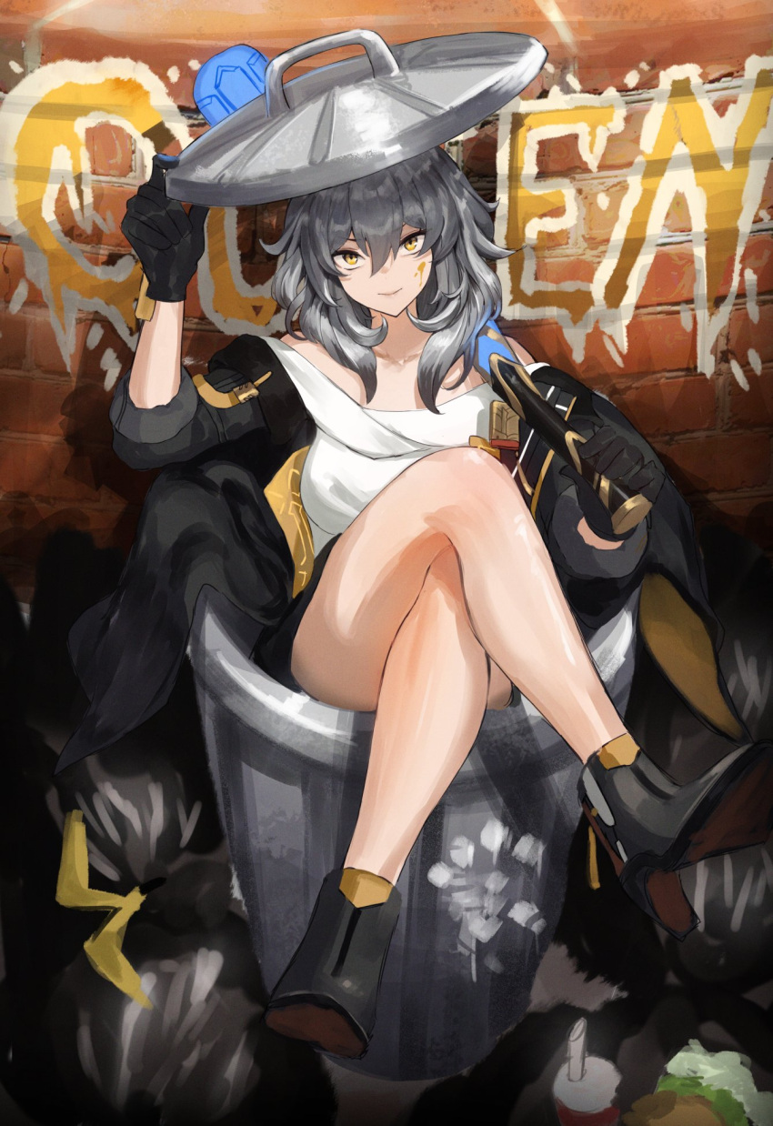 1girl adamosina alley black_gloves black_jacket breasts closed_mouth crossed_legs gloves grey_hair hair_between_eyes high_heels highres honkai:_star_rail honkai_(series) jacket long_hair long_sleeves looking_at_viewer medium_hair shirt smile solo stelle_(honkai:_star_rail) trailblazer_(honkai:_star_rail) trash trash_bag trash_can white_shirt yellow_eyes