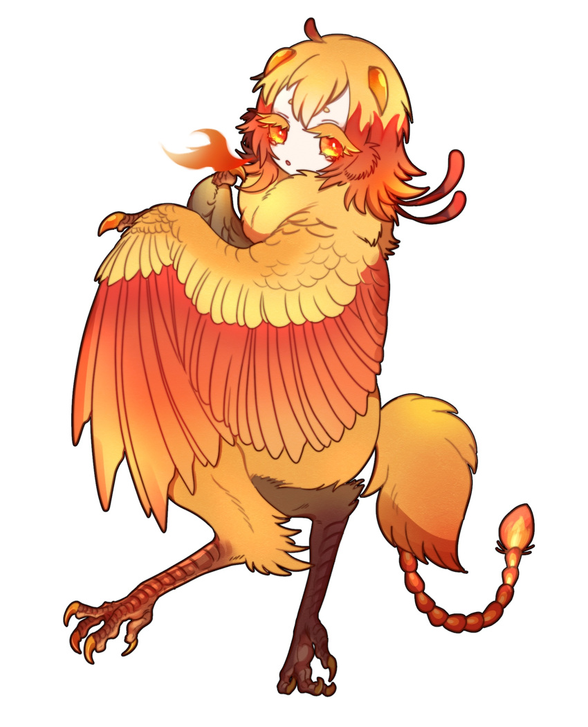 1girl bachikin_(kingyo155) bird_legs bird_tail breathing_fire claws commentary_request fire full_body hair_between_eyes harpy highres horns looking_at_viewer monster_girl neck_fur orange_eyes orange_feathers orange_hair orange_wings original simple_background solo tail tail_feathers talons white_background