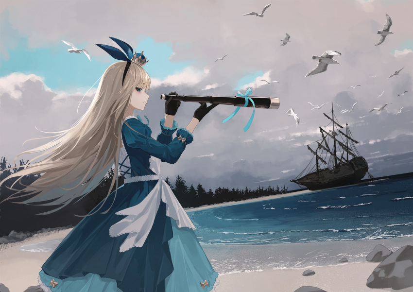 1girl alice_(alice_in_wonderland) alice_in_wonderland beach bird black_gloves blonde_hair blue_dress clouds cloudy_sky crown dress floating_hair forest gloves hairband holding_telescope juliet_sleeves long_hair long_sleeves mini_crown nature ocean outdoors parted_lips profile puffy_sleeves rock ship sideways_glance sky solo telescope wakuseiy watercraft