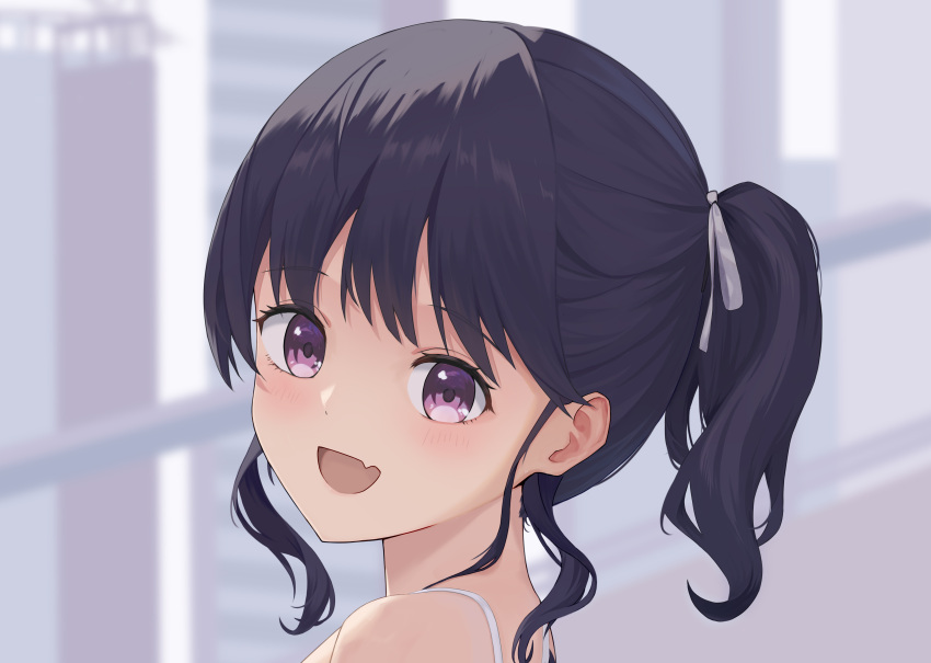 1girl absurdres artist_request black_hair blurry blurry_background commentary_request fang fukumaru_koito hair_ribbon highres idolmaster idolmaster_shiny_colors looking_at_viewer looking_to_the_side medium_hair open_mouth portrait ribbon side_ponytail skin_fang solo spaghetti_strap swept_bangs upper_body violet_eyes