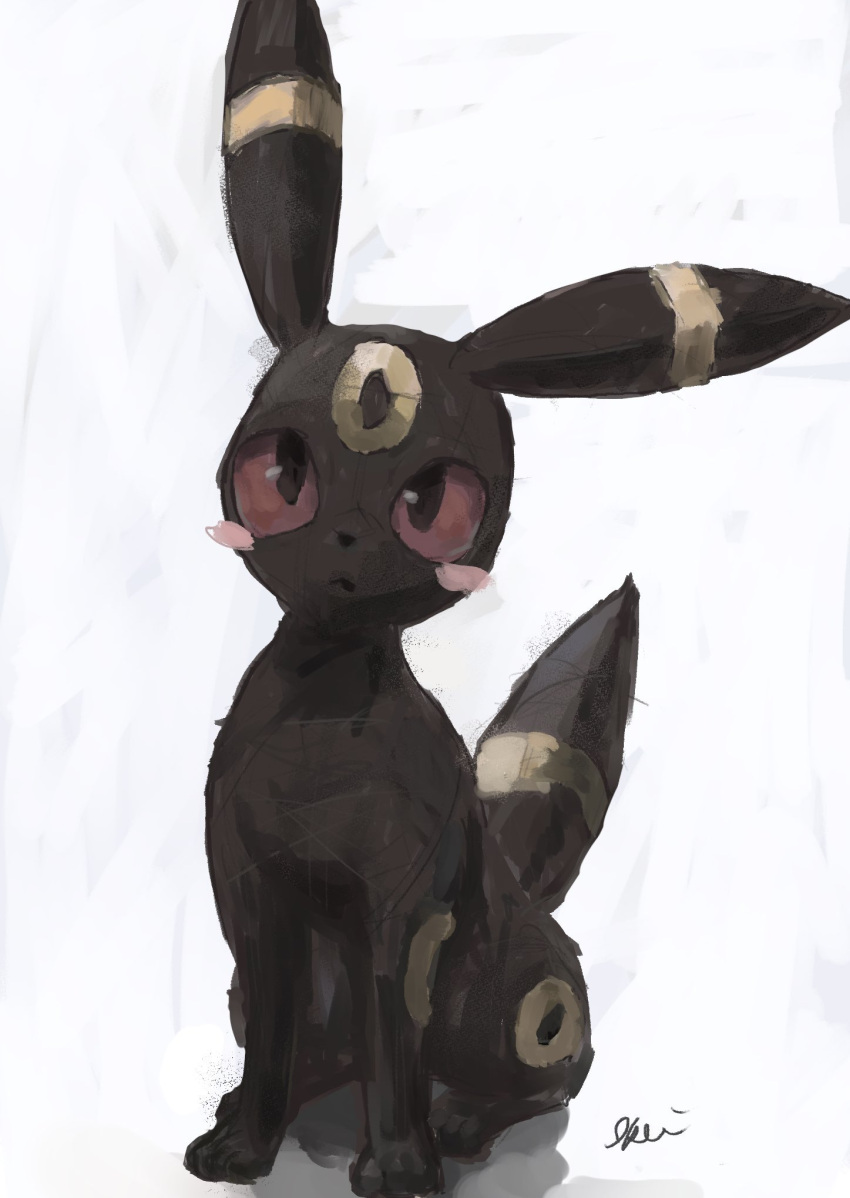 :&lt; animal_focus artist_name black_eyes closed_mouth colored_sclera commentary_request english_commentary facial_mark forehead_mark full_body highres ikei looking_up mixed-language_commentary no_humans pokemon pokemon_(creature) red_sclera signature simple_background sitting sketch solo umbreon white_background