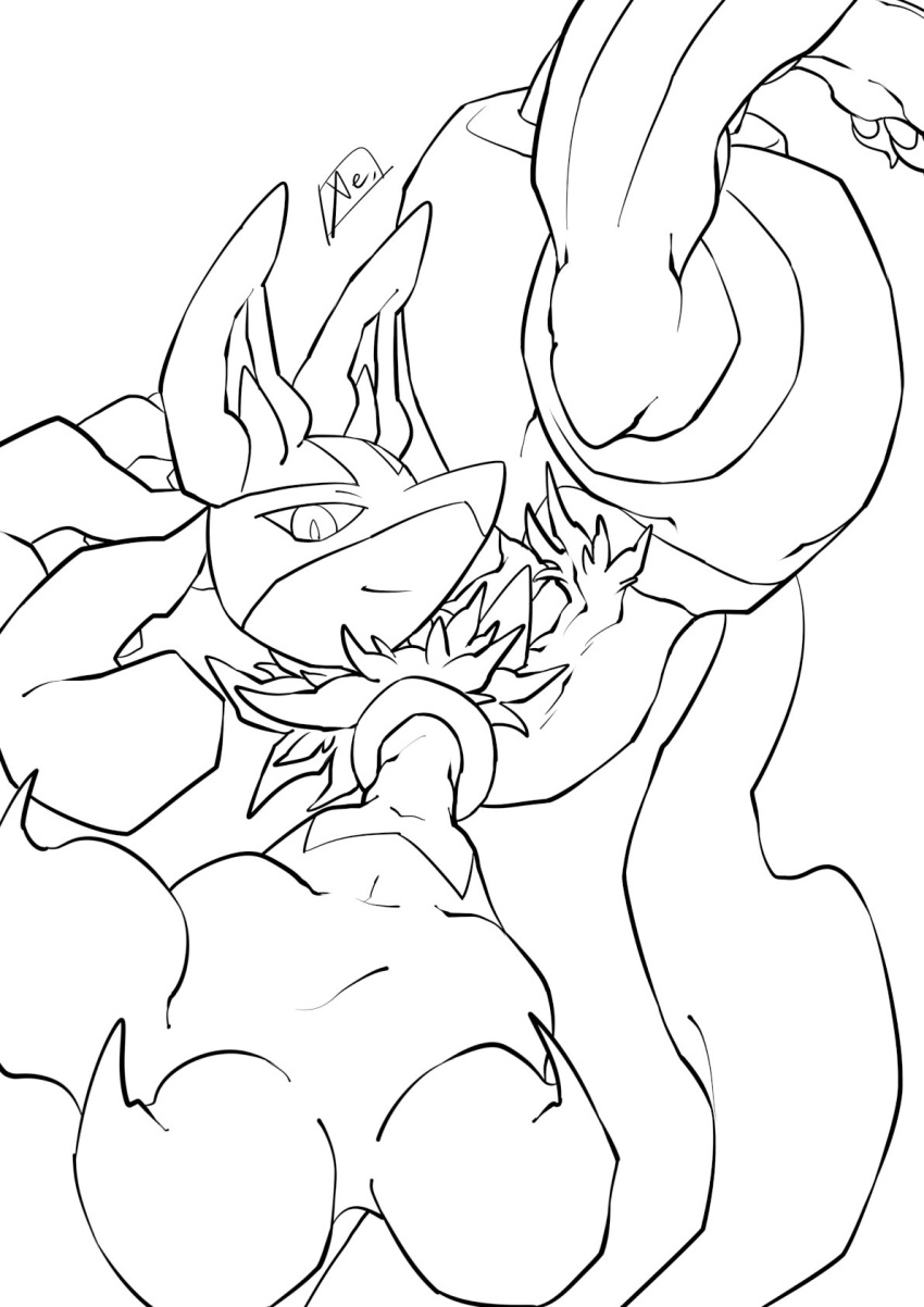 1boy animal_ears animal_feet animal_hands arm_up artist_name blush body_fur claws closed_mouth commentary_request foreshortening furry furry_male greyscale happy highres kisenon_(00kuromu00) light_blush lineart looking_at_viewer lucario male_focus monochrome navel outstretched_arm pawpads pokemon pokemon_(creature) reaching reaching_towards_viewer sideways_mouth signature simple_background smile snout solo spikes split_mouth tail thick_thighs thighs upside-down white_background wide_hips wolf_boy wolf_ears wolf_tail