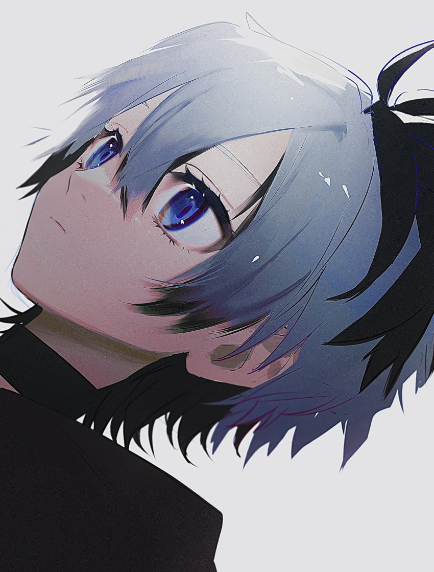 1girl am/g androgynous black_choker black_hair blue_eyes choker closed_mouth commentary dutch_angle english_commentary expressionless film_grain flower_(vocaloid) flower_(vocaloid4) from_side grey_hair hair_between_eyes highres looking_ahead multicolored_hair portrait short_hair simple_background solo streaked_hair vocaloid white_background