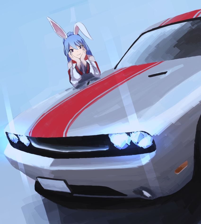 1girl animal_ears apollos_ars blue_background blue_hair car closed_mouth dodge_(company) dodge_challenger hands_on_own_cheeks hands_on_own_face highres license_plate long_hair looking_at_viewer motor_vehicle muscle_car original rabbit_ears simple_background smile solo violet_eyes