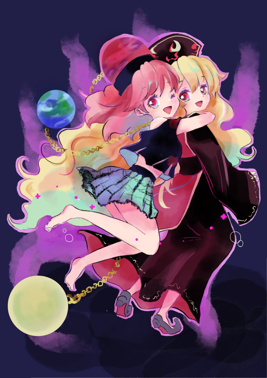 2girls absurdres aura barefoot black_dress black_shirt blonde_hair breasts chain chinese_clothes commentary crescent dress earth_(ornament) emimi_(emimi_28) gold_chain hair_between_eyes hecatia_lapislazuli highres hug hug_from_behind junko_(touhou) long_hair long_sleeves looking_at_viewer medium_hair moon_(ornament) multicolored_clothes multicolored_skirt multiple_girls off-shoulder_shirt off_shoulder open_mouth phoenix_crown plaid plaid_skirt polos_crown red_eyes red_tabard redhead shirt shoes simple_background skirt smile t-shirt tabard touhou underworld_(ornament) very_long_hair wide_sleeves