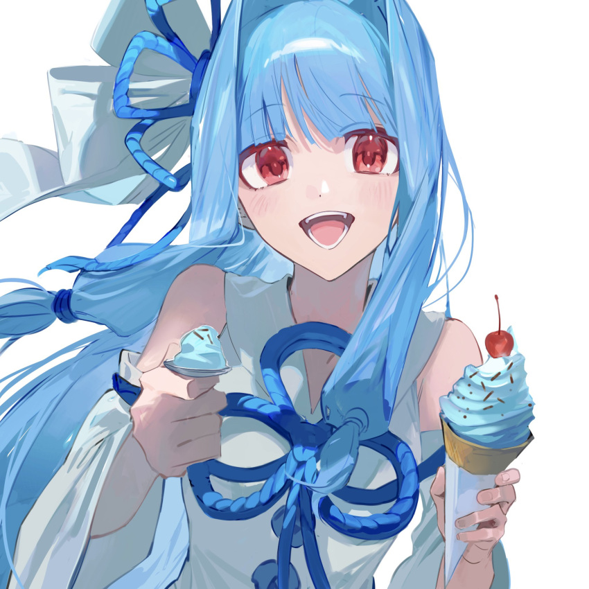 1girl blue_hair blue_ribbon blush cherry collared_dress commentary dress floating_hair flower_knot food fruit hair_intakes hair_ribbon highres holding holding_ice_cream holding_spoon ice_cream_cone incoming_food kakine kotonoha_aoi long_hair looking_at_viewer mint_chocolate open_mouth red_eyes ribbon sidelocks simple_background smile solo spoon upper_body voiceroid white_background white_dress