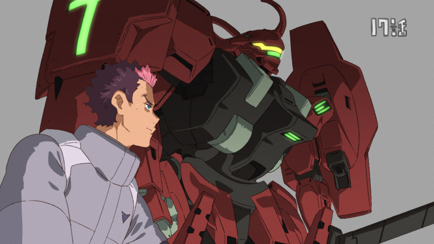 1boy assault_visor blue_eyes brown_hair darilbalde dyed_bangs glowing glowing_eye grey_background guel_jeturk gundam gundam_suisei_no_majo highres holding holding_sword holding_weapon horns male_focus mecha mobile_suit multicolored_hair pilot_suit pink_hair polyushitako robot science_fiction shield short_hair simple_background single_horn solo sweat sword upper_body weapon