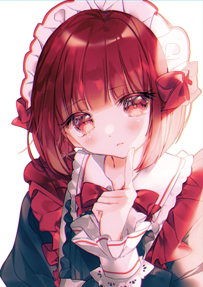 1girl apron arima_kana blush bow bowtie chromatic_aberration closed_mouth commentary dress eyelashes finger_to_own_chin frilled_dress frilled_sleeves frills highres long_sleeves maid maid_apron maid_headdress oshi_no_ko red_bow red_bowtie red_eyes redhead ruki_kurage short_hair simple_background solo twitter_username white_background