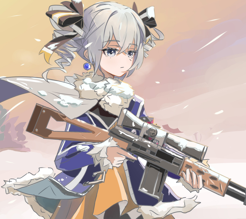 1girl black_bow blue_jacket bow bronya_zaychik bronya_zaychik_(snowy_sniper) closed_mouth dragunov_svd dress drill_hair earrings grey_eyes grey_hair gun hair_bow highres holding holding_gun holding_weapon honkai_(series) honkai_impact_3rd jacket jewelry outdoors requiescat rifle scarf sniper_rifle snowing solo sunset trigger_discipline twin_drills twintails upper_body weapon white_scarf winter winter_clothes winter_uniform yellow_dress