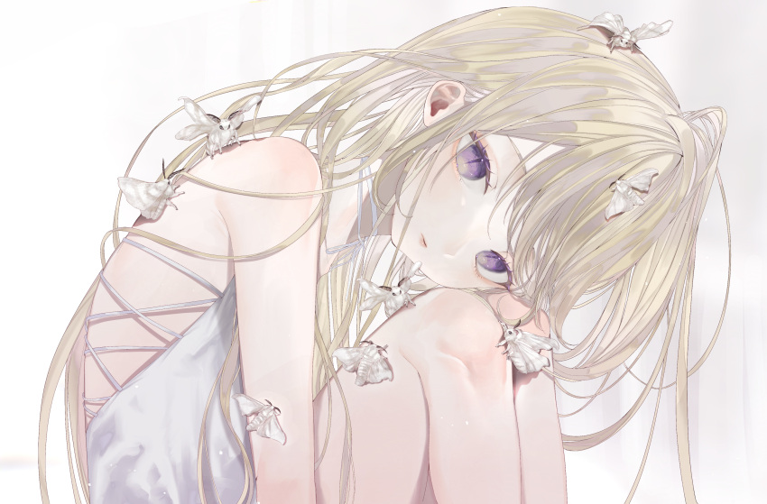 1girl absurdres bare_legs bare_shoulders blonde_hair bug dress expressionless highres knees_up long_hair looking_at_viewer moth msa_(fary_white) original sitting sleeveless sleeveless_dress slit_pupils solo violet_eyes white_background white_dress