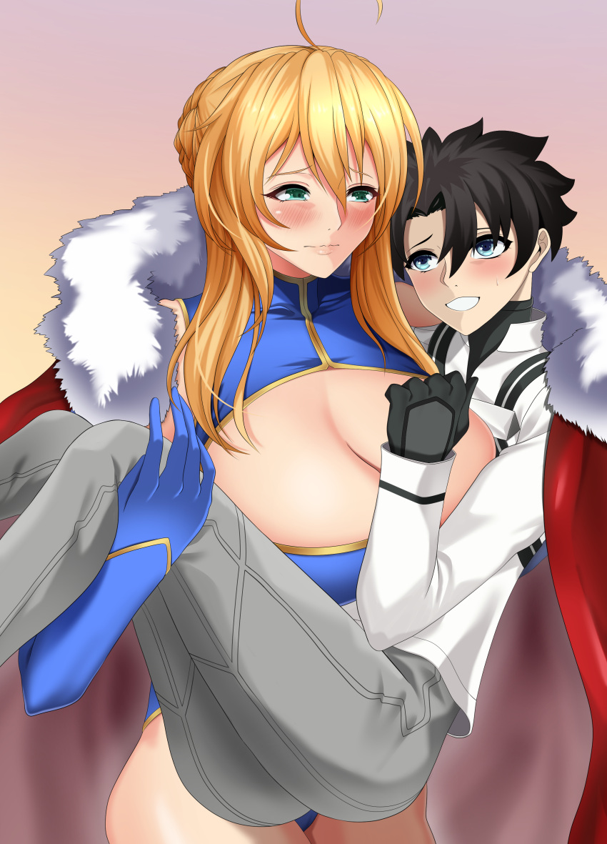 1boy 1girl absurdres ahoge artoria_pendragon_(fate) artoria_pendragon_(lancer)_(fate) black_hair blonde_hair blush breasts cape carrying fate/grand_order fate_(series) fujimaru_ritsuka_(male) gloves happy highres large_breasts leotard pants princess_carry smile yui_(pfyt3782)
