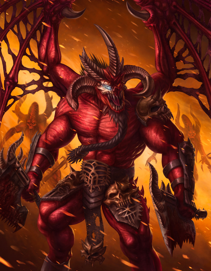 3boys absurdres armor axe battle_axe beard bloodthirster bmurphy braid braided_beard broken_horns chaos_(warhammer) colored_skin commentary damaged demon_horns demon_wings dual_wielding english_commentary exposed_bone facial_hair glowing glowing_eyes hell heresy highres holding holding_axe horns long_horns mismatched_pupils multiple_boys open_mouth ornate_armor pauldrons pelvic_curtain red_eyes red_skin sharp_teeth shoulder_armor single_pauldron skarbrand skull_ornament teeth tongue tongue_out topless_male torn_wings warhammer_40k weapon wings