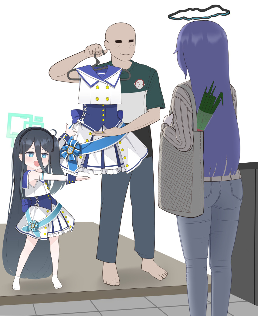 &gt;:) 1boy 2girls :d absurdly_long_hair absurdres aged_down aged_up alternate_costume alternate_hairstyle aris_(blue_archive) arona's_sensei_doodle_(blue_archive) bag bald barefoot black_hair blue_archive clothes_hanger denim family from_behind hair_down halo highres holding_clothes_hanger idol idol_clothes jeans littlefunny long_hair multiple_girls one_side_up pants sensei_(blue_archive) shopping_bag simple_background smile spring_onion standing v-shaped_eyebrows very_long_hair white_background yuuka_(blue_archive)