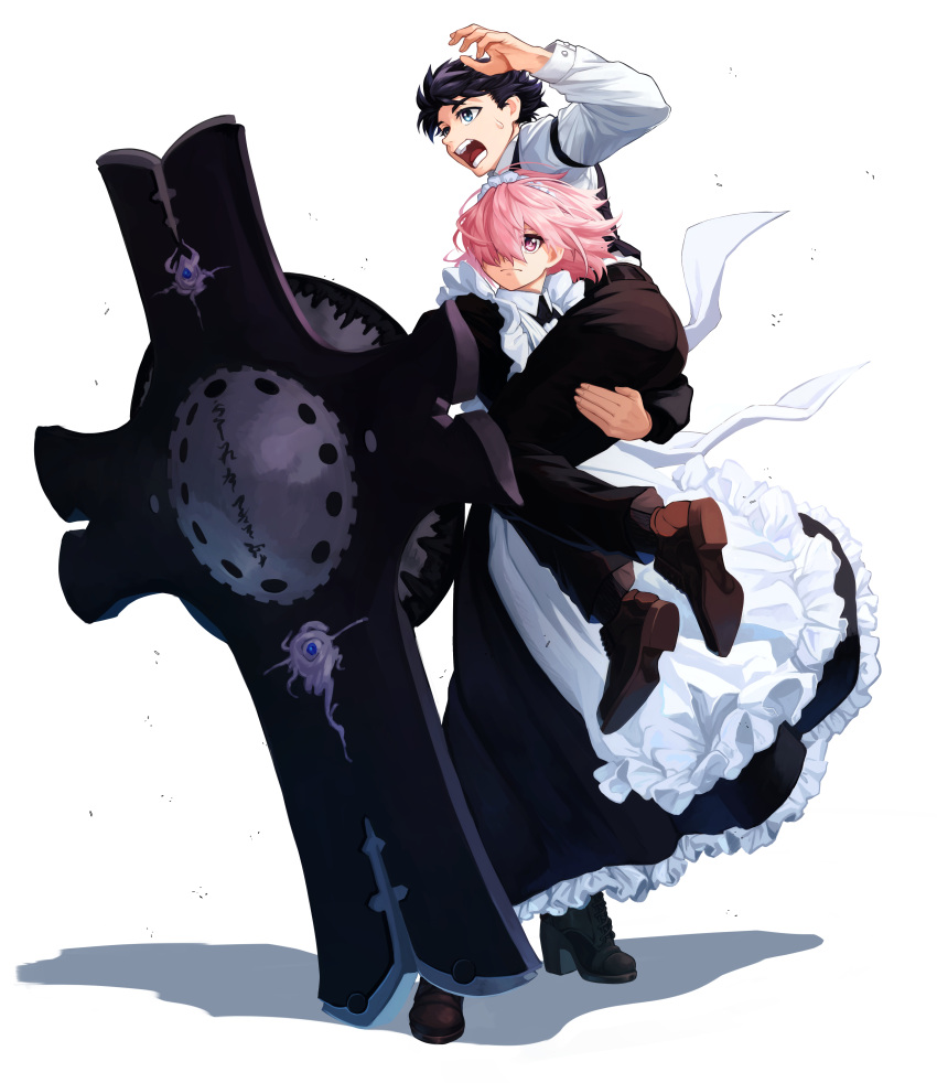 1boy 1girl absurdres alternate_costume amami_tokko apron black_dress black_hair blue_eyes brown_footwear commentary_request dress enmaided fate/grand_order fate_(series) floating_hair frilled_apron frills fujimaru_ritsuka_(male) fujimaru_ritsuka_(male)_(anniversary_blonde) full_body high_heels highres holding holding_shield holding_weapon light_purple_hair long_sleeves looking_away maid maid_apron maid_headdress mash_kyrielight open_mouth shadow shield shirt shoes short_hair simple_background teeth violet_eyes weapon white_apron white_background white_shirt