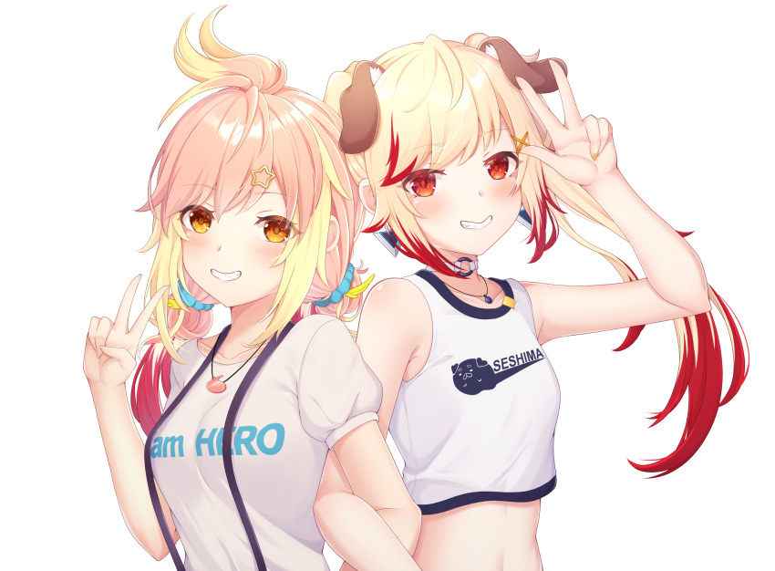 2girls animal_ear_fluff animal_ears animare bare_shoulders blonde_hair blush breasts character_name choker crop_top dog_ears grin highres hira_hikari jewelry locked_arms long_hair looking_at_viewer low_twintails medium_breasts multicolored_hair multiple_girls nanashi_inc. necklace o-ring o-ring_choker orange_eyes orange_nails pink_hair print_shirt puffy_short_sleeves puffy_sleeves red_eyes redhead rin_(0917608) seshima_rui shirt short_sleeves sleeveless sleeveless_shirt small_breasts smile suspenders transparent_background twintails two-tone_hair upper_body virtual_youtuber w white_choker white_shirt