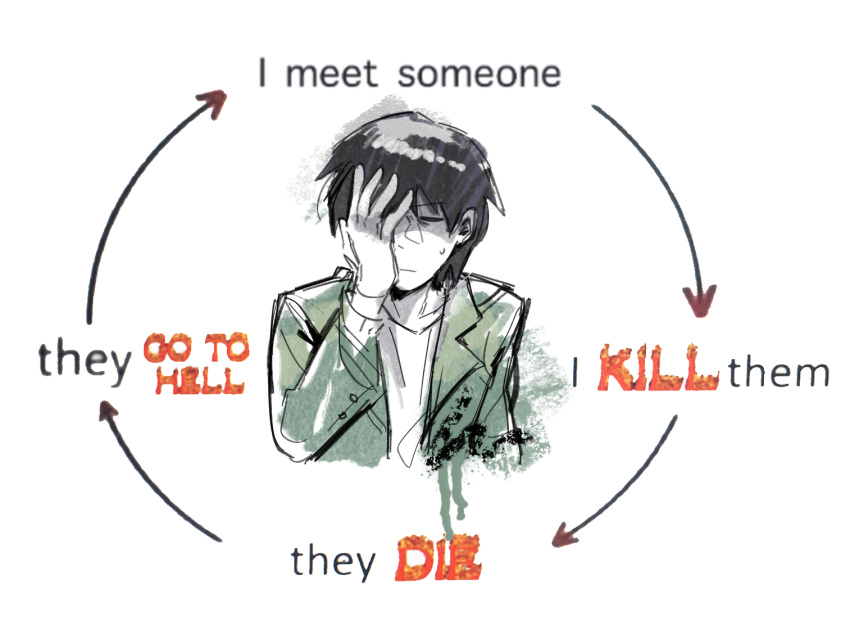 1boy black_hair closed_eyes closed_mouth commentary english_text green_jacket hand_on_own_face jacket long_sleeves male_focus meme mob_psycho_100 mogami_keiji mp100days shirt short_hair simple_background solo upper_body white_background white_shirt