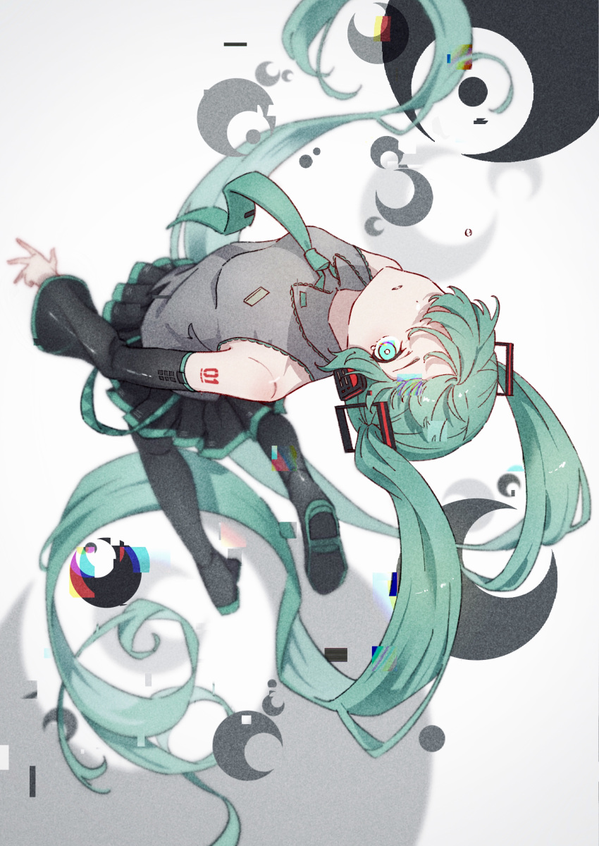 1girl absurdly_long_hair absurdres aqua_eyes aqua_hair aqua_necktie black_footwear black_skirt blurry boots bright_pupils collared_shirt commentary crescent depth_of_field detached_sleeves film_grain floating_hair full_body glitch glowing glowing_eye grey_shirt hair_over_one_eye hatsune_miku headphones highres leaning_back long_hair looking_at_viewer looking_back mele_ck miku_day necktie number_tattoo parted_lips pleated_skirt rolling_girl_(vocaloid) shirt skirt sleeveless sleeveless_shirt solo tattoo thigh_boots twintails very_long_hair vocaloid white_background white_pupils
