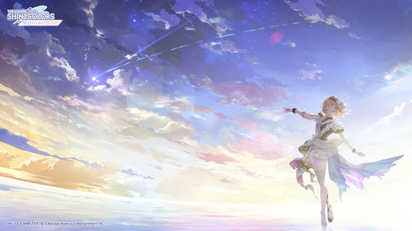 absurdres asymmetrical_clothes closed_eyes clouds floating_hair gloves high_heels highres idolmaster_shiny_colors_song_for_prism lens_flare official_art official_wallpaper open_mouth puffy_sleeves sakuragi_mano see-through see-through_sleeves shoes shooting_star skirt sky solo stage_costume star_(sky) twilight