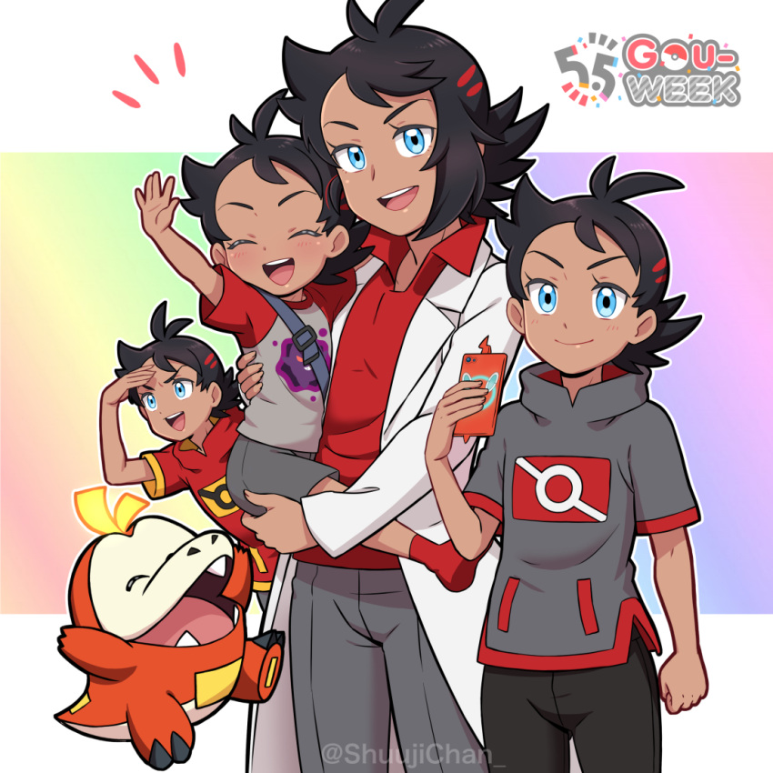 4boys :d aged_up black_hair black_pants blue_eyes carrying character_name coat collared_shirt commentary_request eyelashes family fuecoco goh_(pokemon) grey_pants grey_shirt holding holding_phone male_focus multiple_boys notice_lines open_clothes open_coat open_mouth pants phone pokemon pokemon_(anime) pokemon_(creature) pokemon_journeys red_shirt rotom rotom_phone sara_bon shirt short_sleeves smile teeth tongue upper_teeth_only white_coat