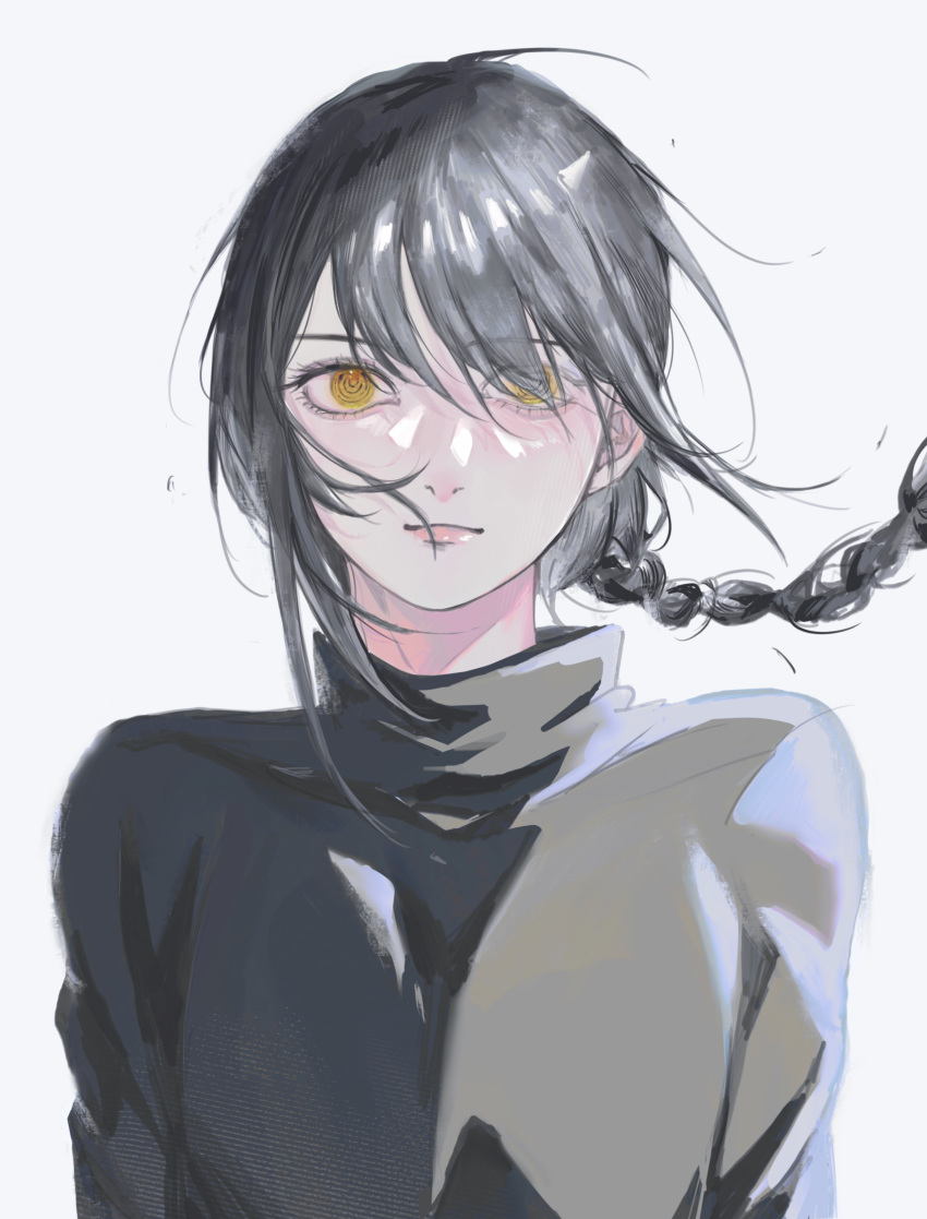 1girl absurdres black_hair braid braided_ponytail chainsaw_man grey_sweater hair_over_one_eye highres looking_at_viewer medium_hair nayuta_(chainsaw_man) qii_yu ringed_eyes simple_background sketch solo sweater white_background yellow_eyes