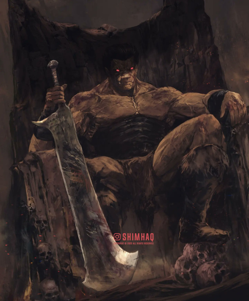 1boy artist_name berserk black_hair closed_mouth commentary english_commentary fangs fangs_out glowing glowing_eyes highres holding holding_weapon instagram_username loincloth male_focus muscular muscular_male red_eyes sharp_teeth shimhaq short_hair sitting skull solo spiky_hair teeth throne veins weapon zodd_(berserk)
