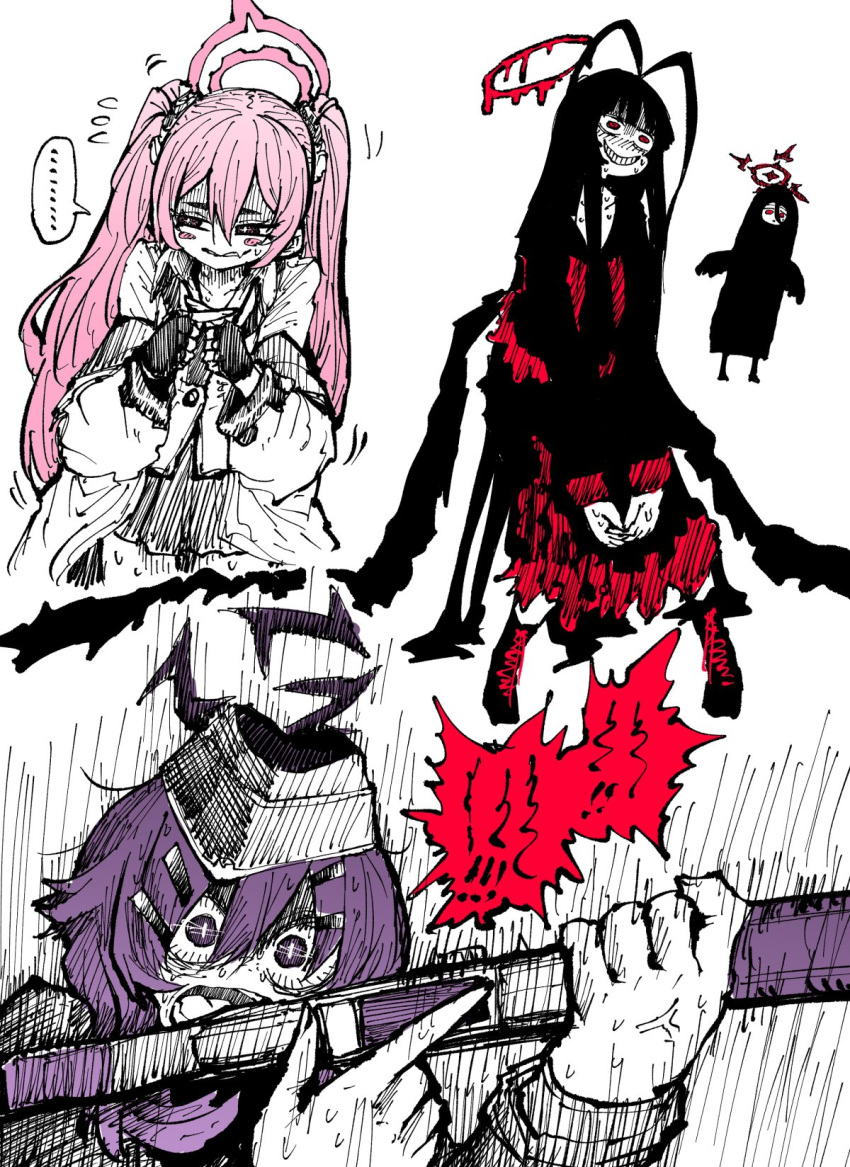 4girls black_gloves black_hair black_headwear black_jacket black_necktie black_sailor_collar black_serafuku black_shirt black_skirt black_wings blood blood_on_weapon blue_archive blush coat collared_shirt commentary_request crop_top cropped_torso double-parted_bangs feathered_wings feathers fingerless_gloves fp6 garrison_cap gloves gun hair_between_eyes hair_ornament hairclip halo haruka_(blue_archive) hasumi_(blue_archive) hat highres holding holding_gun holding_weapon jacket juliet_sleeves koyuki_(blue_archive) limited_palette long_hair long_sleeves looking_at_viewer looking_away low_wings midriff multiple_girls navel neckerchief necktie night open_mouth pink_hair plant pleated_skirt potted_plant puffy_sleeves purple_hair red_neckerchief reloading sailor_collar school_uniform serafuku shirt shotgun sidelocks simple_background skirt solo speech_bubble teeth translation_request tsurugi_(blue_archive) twintails undone_neckerchief very_long_hair violet_eyes wavy_mouth weapon white_background white_coat white_jacket white_shirt wings zyugoya