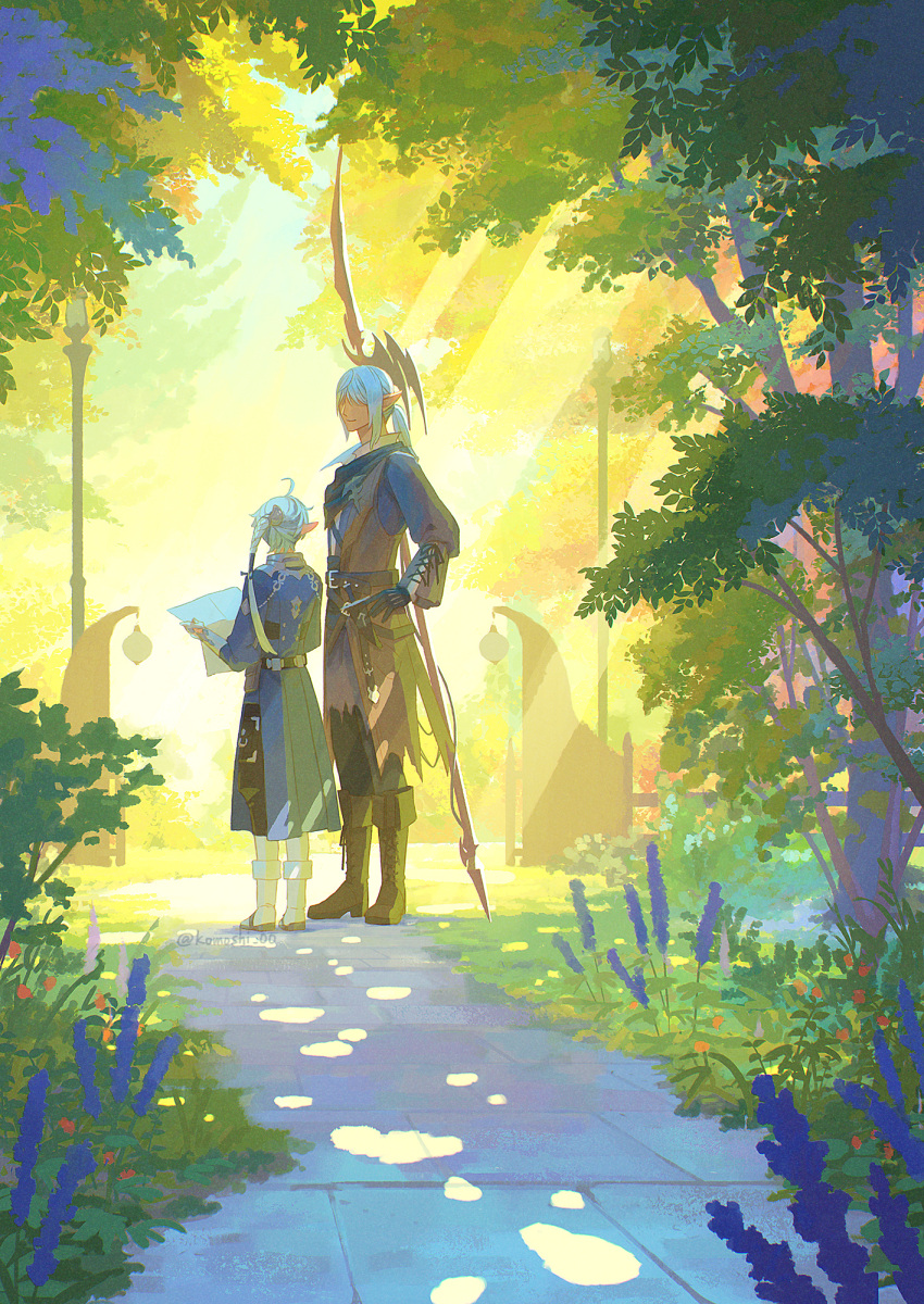 2boys ahoge alphinaud_leveilleur belt black_gloves black_pants blue_coat boots braid braided_ponytail brown_coat brown_footwear coat commentary covered_eyes cross-laced_footwear dappled_sunlight day dragoon_(final_fantasy) elbow_gloves english_commentary estinien_varlineau facing_another facing_away final_fantasy final_fantasy_xiv flower gloves grass hair_ribbon hand_on_own_hip height_difference highres knee_boots komoshita lamppost lance light_rays long_hair male_focus medium_hair multiple_boys outdoors pants path pointy_ears polearm ponytail purple_flower ribbon scenery signature single_braid smile standing sunbeam sunlight torn_clothes torn_coat tree twitter_username weapon weapon_on_back white_footwear white_gloves white_hair wide_shot