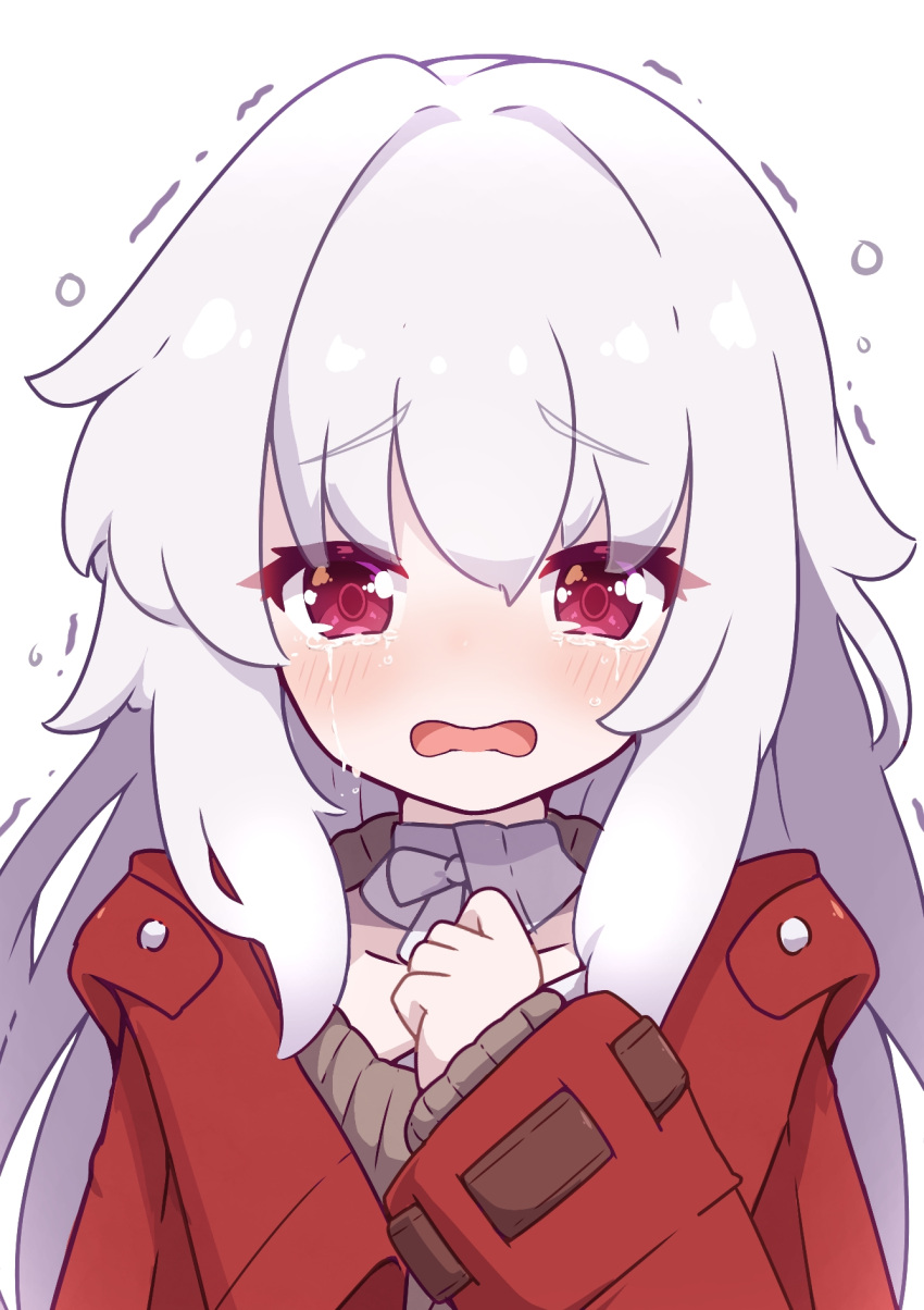 1girl :o blush clara_(honkai:_star_rail) coat collarbone commentary crying crying_with_eyes_open hair_between_eyes highres honkai:_star_rail honkai_(series) kurotofu long_hair long_sleeves looking_at_viewer neckerchief portrait red_coat red_eyes sidelocks simple_background solo streaming_tears tears trembling white_background white_hair