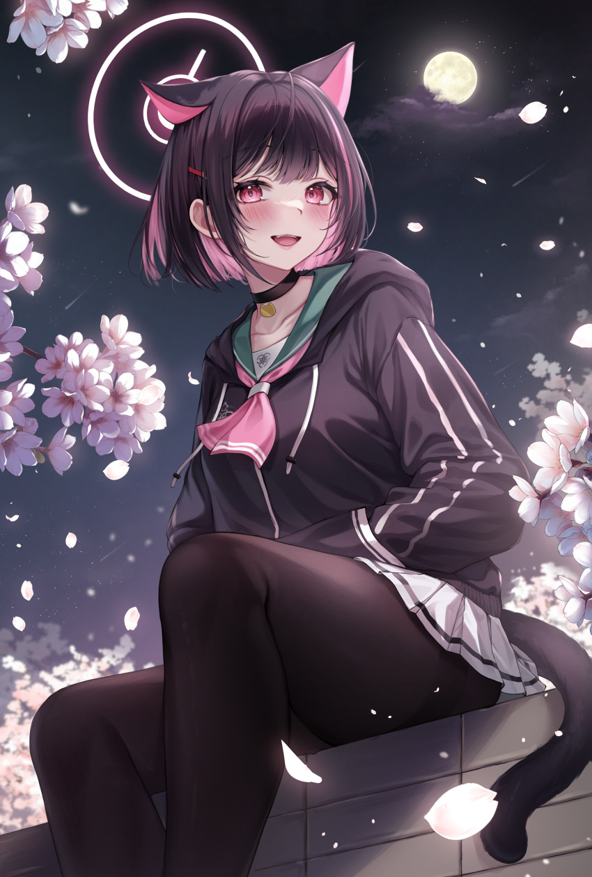 1girl absurdres animal_ears black_choker black_hair black_jacket black_pantyhose blue_archive blush cat_ears cat_girl cat_tail cherry_blossoms choker clouds collarbone colored_inner_hair full_moon green_sailor_collar halo highres jacket kazusa_(blue_archive) kuca_(ku_ca18) long_sleeves looking_at_viewer moon multicolored_hair night night_sky open_mouth pantyhose petals pink_eyes pink_hair sailor_collar school_uniform serafuku sitting sky smile solo tail two-tone_hair