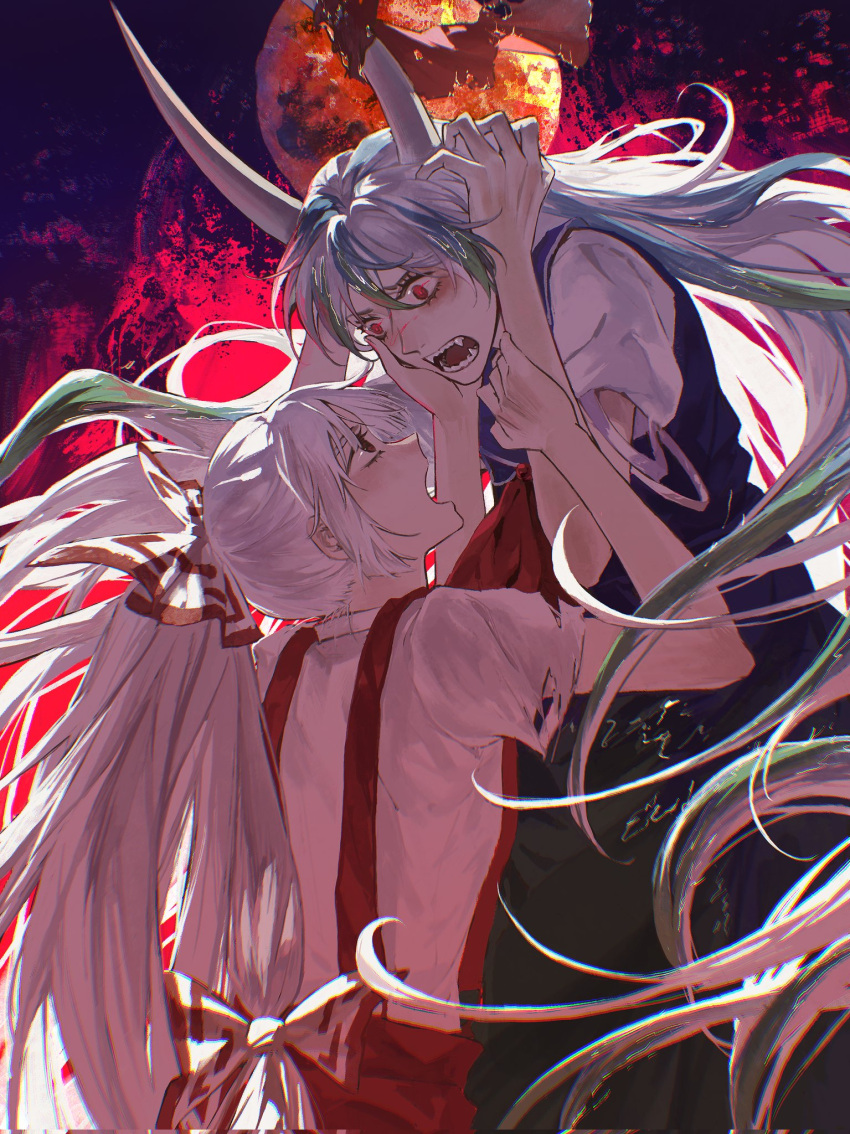 2girls aihara-rina blue_dress blue_hair bow comforting commentary_request distress dress ex-keine fang fangs fujiwara_no_mokou green_dress green_hair hair_bow hand_on_another's_arm hand_on_another's_cheek hand_on_another's_face hands_on_own_head highres horn_bow horn_ornament horn_ribbon horns kamishirasawa_keine long_hair looking_at_another moon multicolored_hair multiple_girls neckerchief open_mouth pants ponytail puffy_short_sleeves puffy_sleeves red_bow red_eyes red_moon red_neckerchief red_pants ribbon scared shirt short_sleeves suspenders teeth torn_clothes torn_sleeves touhou transformation transforming_clothes two-tone_hair very_long_hair white_bow white_hair white_shirt