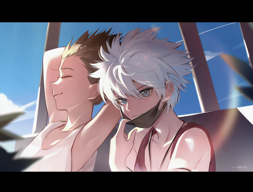 2boys arms_up black_hair black_mask closed_eyes clouds day gon_freecss grey_eyes hair_between_eyes highres hunter_x_hunter kiko killua_zoldyck letterboxed male_focus mask mask_pull mouth_mask multiple_boys red_tank_top sky spiky_hair tank_top upper_body white_hair white_tank_top
