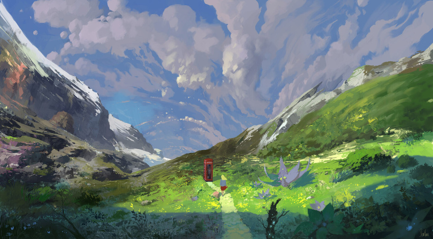 1girl building clouds cloudy_sky dirt_road grass highres mountain original painting_(medium) road sky slow_d solo traditional_media