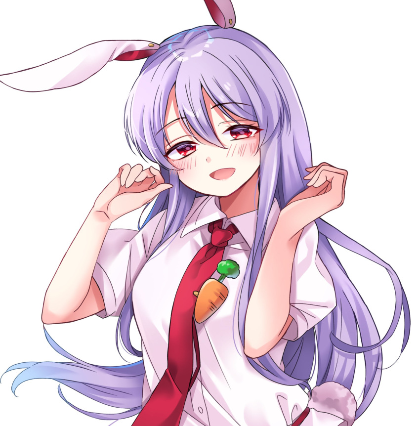 1girl :d animal_ears breasts carrot_pin hair_between_eyes half-closed_eyes hands_up highres long_hair medium_breasts meimei_(meimei89008309) necktie open_mouth purple_hair rabbit_ears rabbit_tail red_eyes red_necktie reisen_udongein_inaba shirt short_sleeves simple_background smile solo tail tareme touhou upper_body very_long_hair white_background white_shirt wing_collar