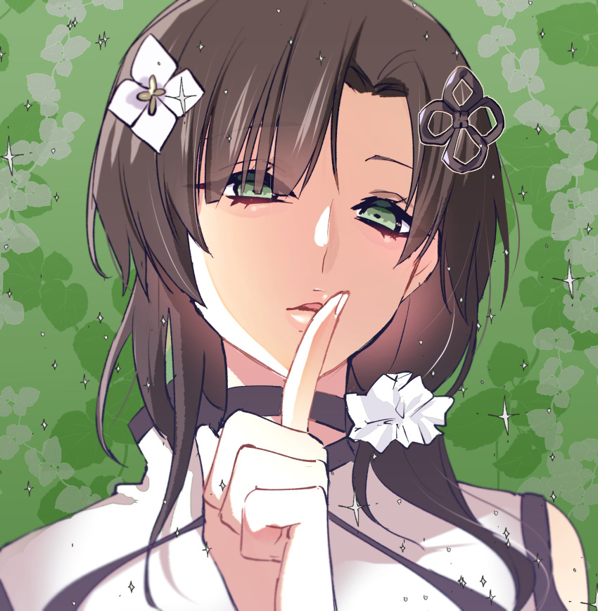 1girl absurdres assault_lily black_choker black_hair choker commentary finger_to_mouth floral_background flower flower_knot green_background green_eyes hair_flower hair_ornament hair_over_shoulder hair_scrunchie half-closed_eyes hand_up highres index_finger_raised kikikaikai_(kikikaikai_chan) long_hair looking_at_viewer low_ponytail parted_lips portrait scrunchie shirt side_ponytail sleeveless sleeveless_shirt solo sparkle wang_yujia white_scrunchie white_shirt