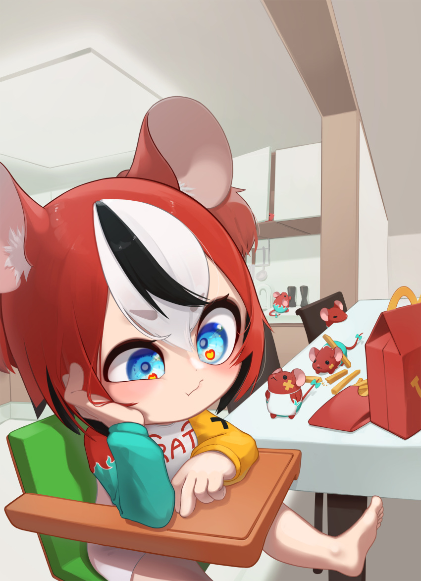 1girl absurdres aged_down animal_ears appleblossomtea apron black_hair chair child commentary female_child food french_fries hakos_baelz happy_meal head_rest highres hololive hololive_english kitchen mouse mouse_ears mouse_girl mr._squeaks_(hakos_baelz) pout redhead short_twintails table toddler twintails virtual_youtuber white_apron white_hair