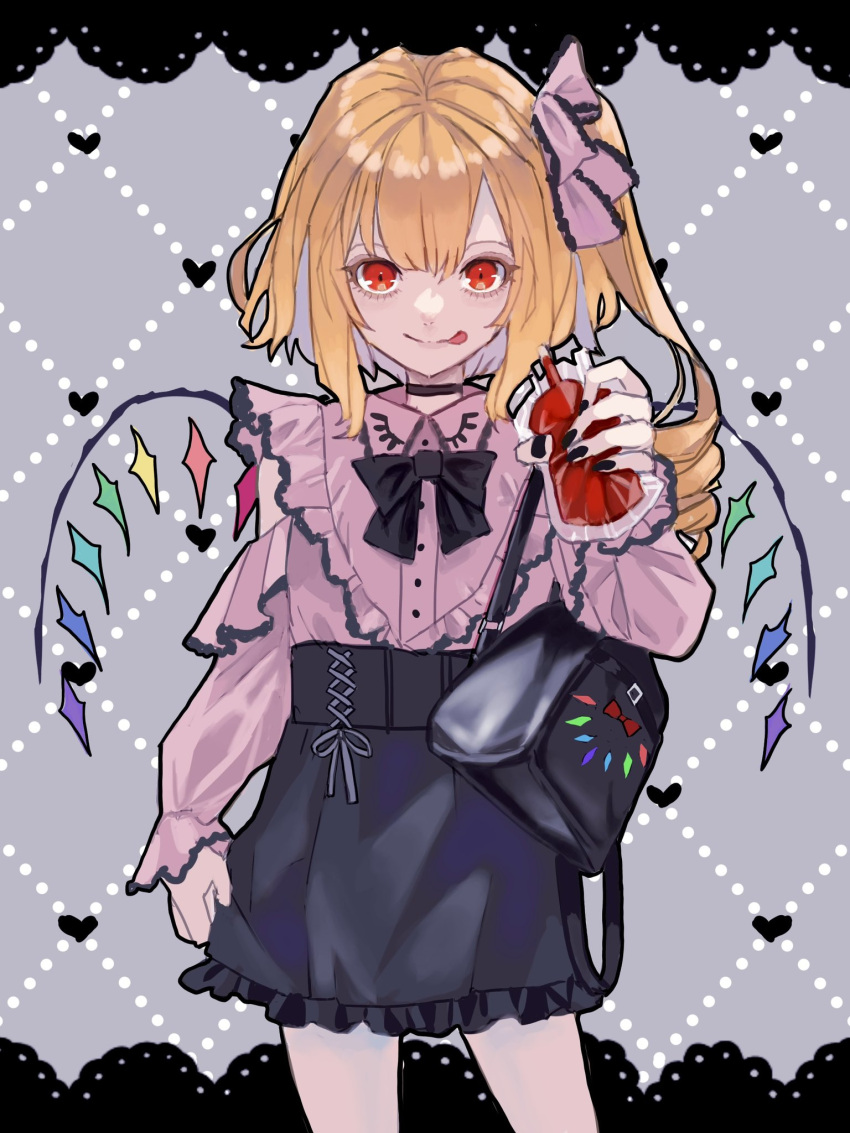1girl :p alternate_costume black_nails blonde_hair blood blood_bag contrapposto cowboy_shot crystal dress eyelashes flandre_scarlet grey_background highres holding looking_at_viewer medium_hair nail_polish nanasuou one_side_up petite pink_dress red_eyes simple_background solo straight-on tongue tongue_out touhou