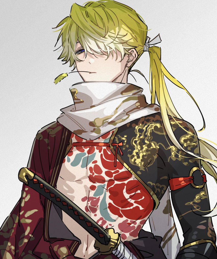 1boy absurdres alternate_costume blonde_hair chest_tattoo closed_mouth commentary english_commentary expressionless floating_hair gold_trim gradient_hair hadanugi_dousa hair_over_one_eye hair_ribbon highres igote japanese_clothes katana keita_kg85 kimono long_hair looking_at_viewer male_focus mouth_hold multicolored_hair nijisanji nijisanji_en off_shoulder one_eye_covered open_clothes open_kimono parted_bangs red_kimono red_ribbon ribbon scarf sheath sheathed simple_background solo sonny_brisko stalk_in_mouth stomach stomach_tattoo swept_bangs sword tattoo upper_body violet_eyes virtual_youtuber weapon white_background white_hair white_ribbon white_scarf